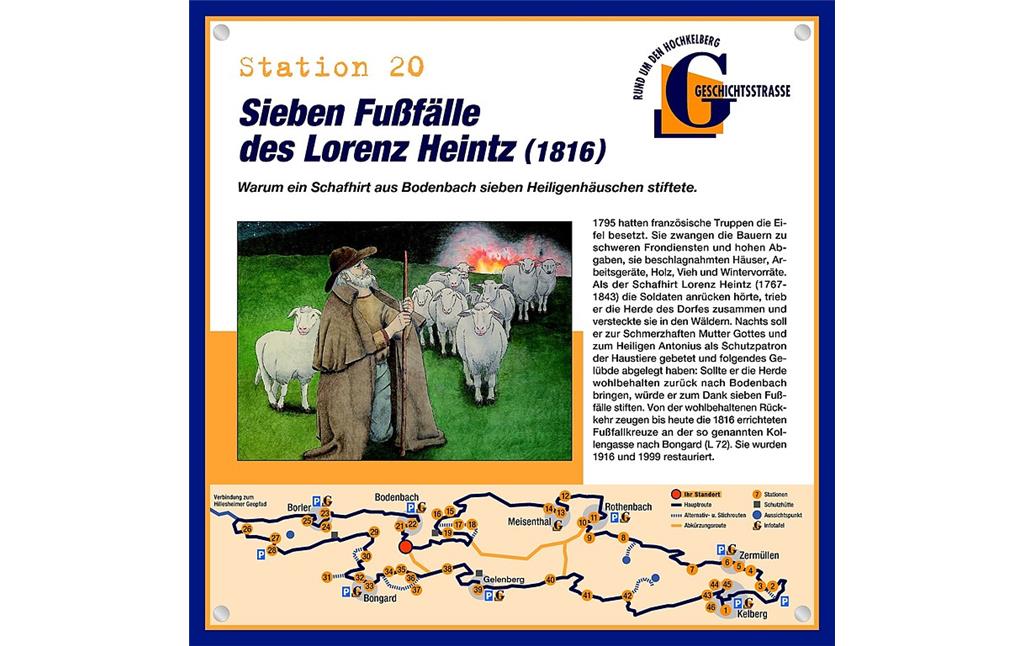Die Schautafel der Geschichtsstraße Kelberg zu den sieben Fußfällen des Lorenz Heintz (Station 20).