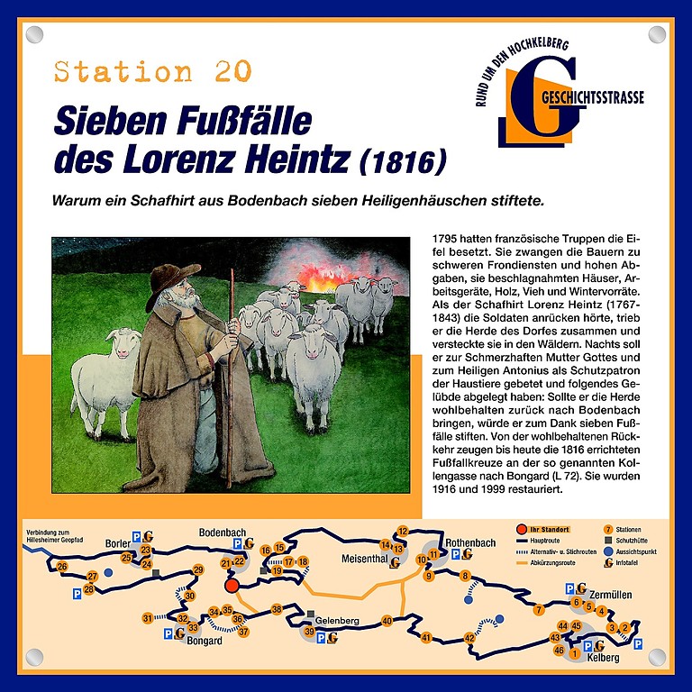 Die Schautafel der Geschichtsstraße Kelberg zu den sieben Fußfällen des Lorenz Heintz (Station 20).