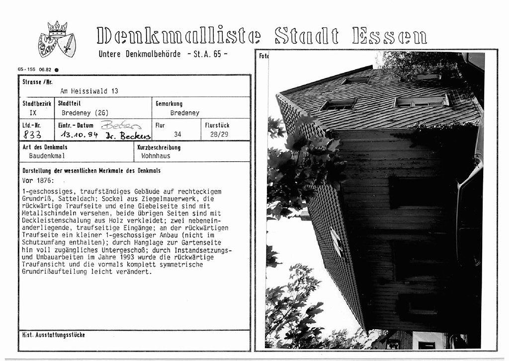 Denkmallistenblatt des Denkmals Wohnhaus Am Heissiwald 13 (Denkmallistennummer A 833) der Stadt Essen