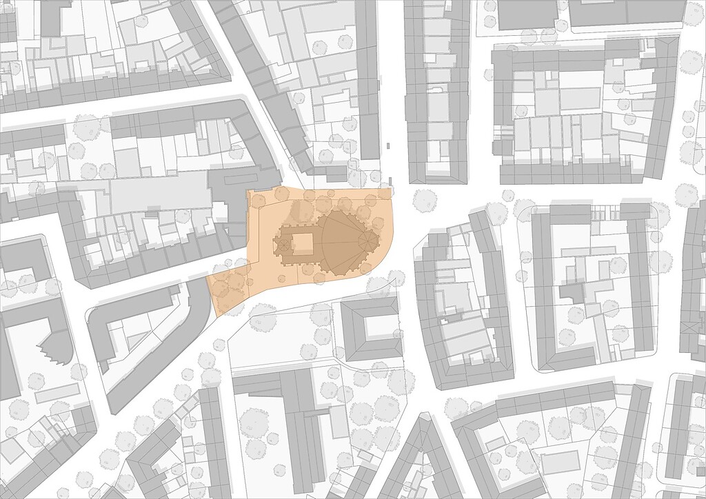 Der Mauritiuskirchplatz (farbig markiert) in Köln Altstadt-Süd (2021)