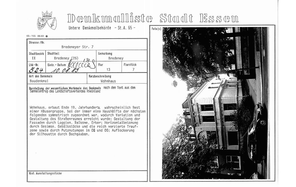 Denkmallistenblatt des Denkmals Wohnhaus Bredeneyer Str. 7 (Denkmallistennummer A 524) der Stadt Essen