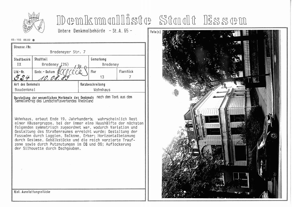 Denkmallistenblatt des Denkmals Wohnhaus Bredeneyer Str. 7 (Denkmallistennummer A 524) der Stadt Essen
