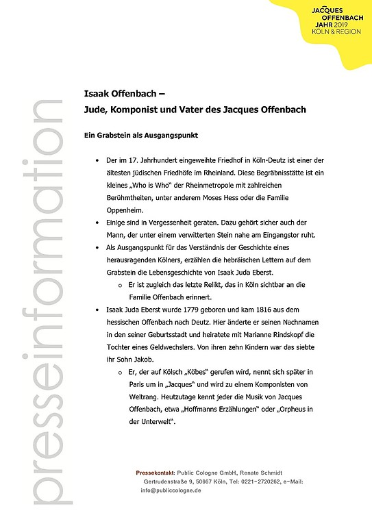 Volltext-PDF: "Issak Offenbach - Jude, Komponist und Vater des Jacques Offenbach", Presseinformation der Kölner Offenbach-Gesellschaft e.V., 2018 (182 kB).