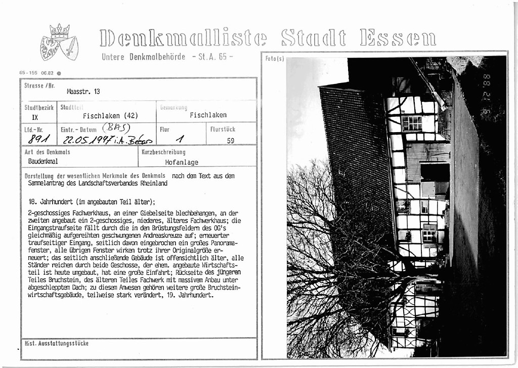 Denkmallistenblatt der Stadt Essen für die Hofanlage "Maashof" in Essen