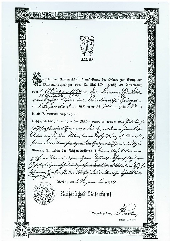 Patenteintrag für das Warenzeichen Januskopf aus dem Jahre 1894