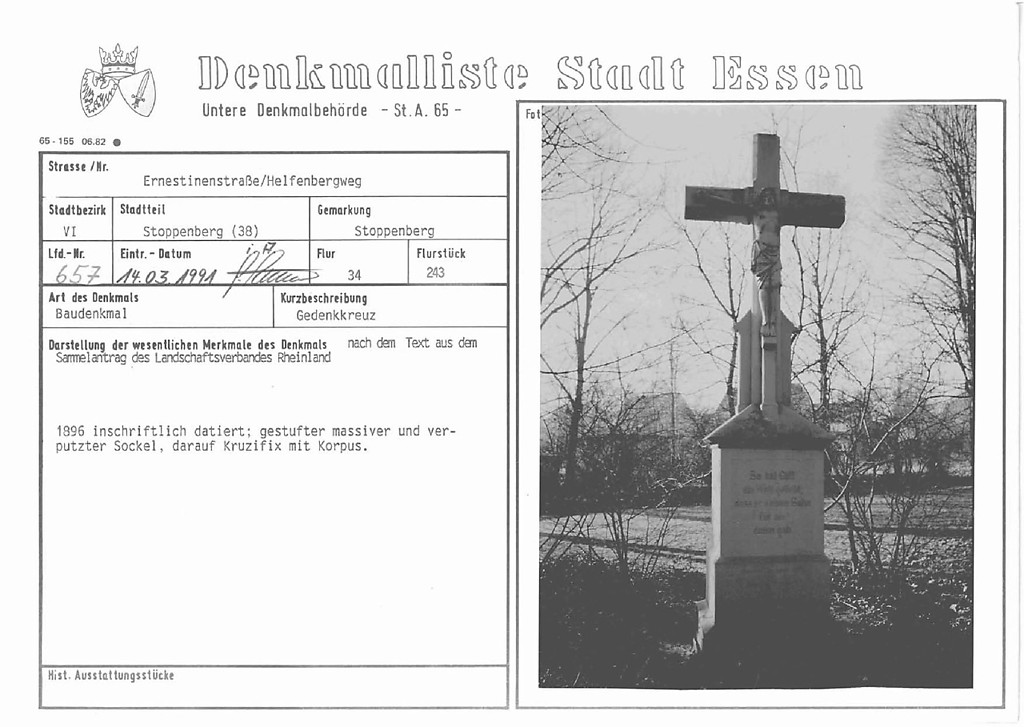 Eintragungsblatt Untere Denkmalbehörde Essen Gedenkkreuz in Stoppenberg