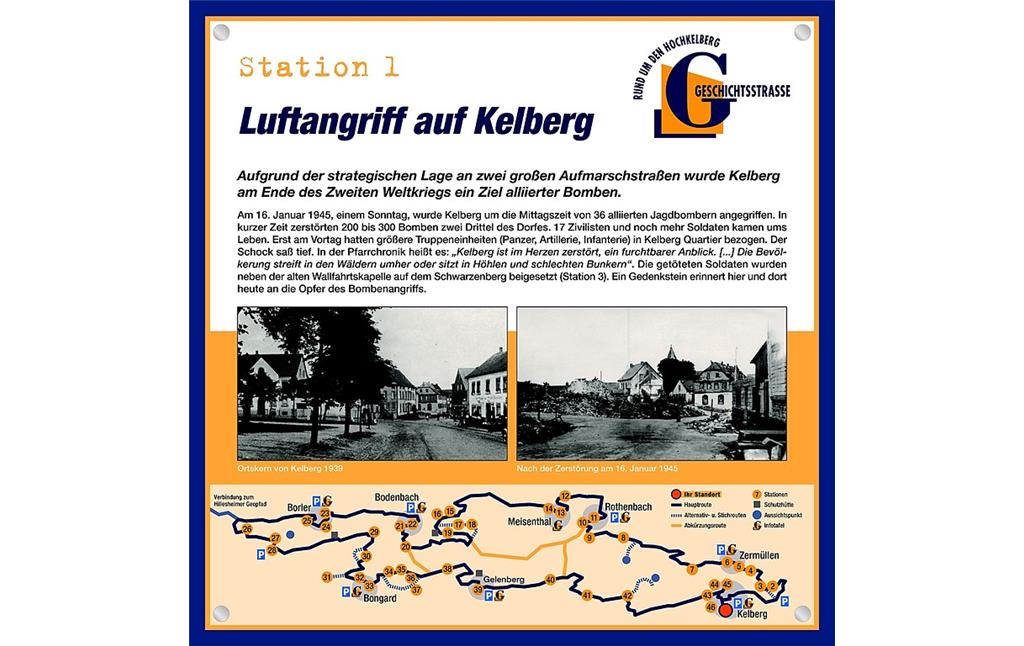 Schautafel der Geschichtsstraße Kelberg zum Luftangriff auf Kelberg am 16. Januar 1945 (Station 1)