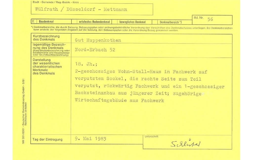 Gut Huppenkothen, Nord-Erbach 52, Wülfrath, Denkmallistenblatt