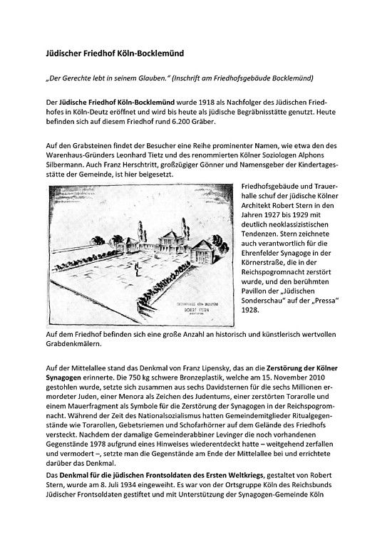 Informationen der Synagogen-Gemeinde Köln zum Jüdischen Friedhof Bocklemünd (PDF-Datei, 319 kB, 2012)