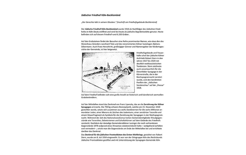 Informationen der Synagogen-Gemeinde Köln zum Jüdischen Friedhof Bocklemünd (PDF-Datei, 319 kB, 2012)