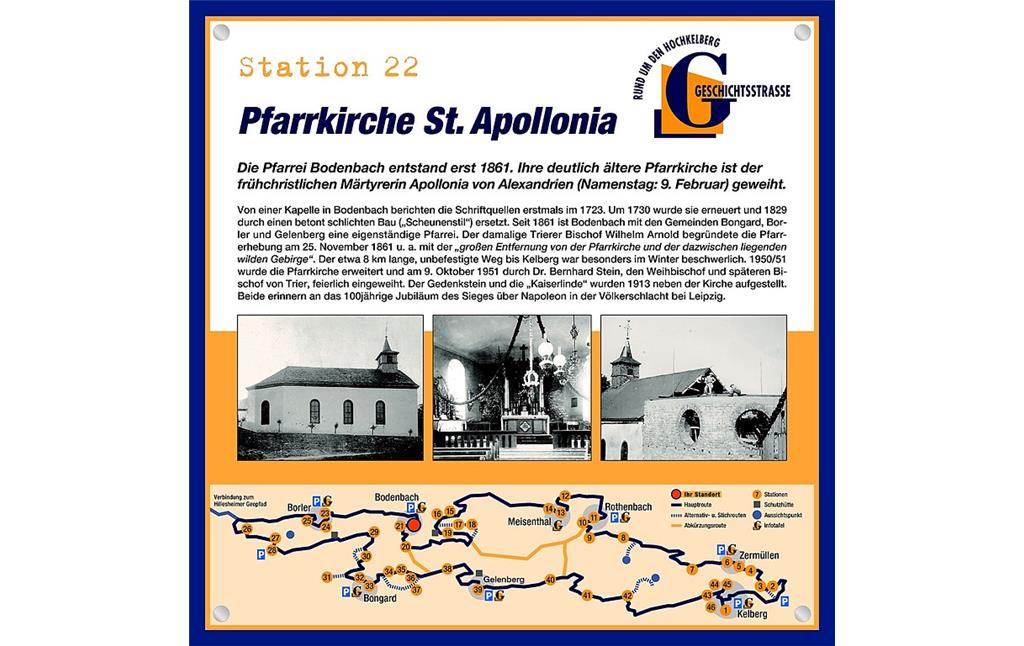 Schautafel der Geschichtsstraße Kelberg zur Pfarrkirche St. Apollonia in Bodenbach (Station 22)