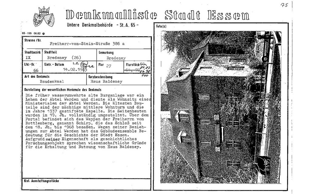 Denkmallistenblatt des Denkmals Haus Baldeney Freiherr-vom-Stein-Straße 386a (Denkmallistennummer A 66) der Stadt Essen