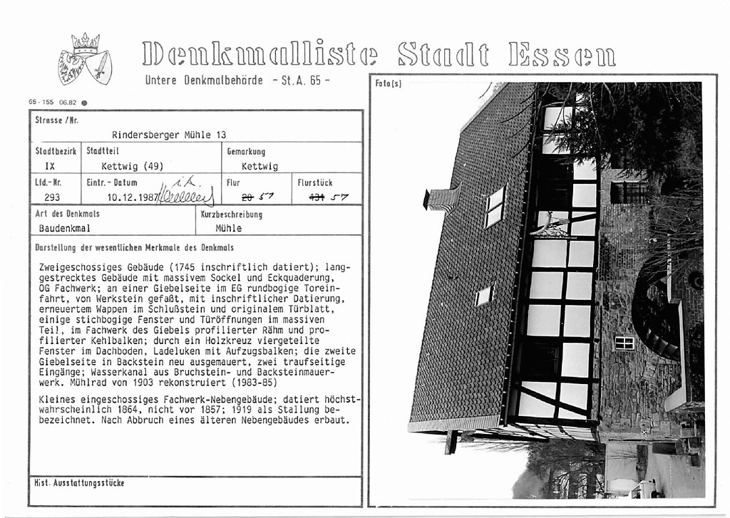 Historisches Foto aus der Eintragung Denkmalpflege Essen Baudenkmal Nummer 293 Rindersberger Mühle