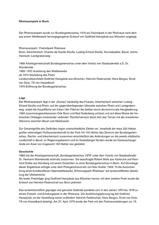 Denkmalpflegerisches Gutachten zum Rheinauenpark in Bonn von Dr. Elke Janßen-Schnabel, LVR-Amt für Denkmalpflege im Rheinland (2005)
