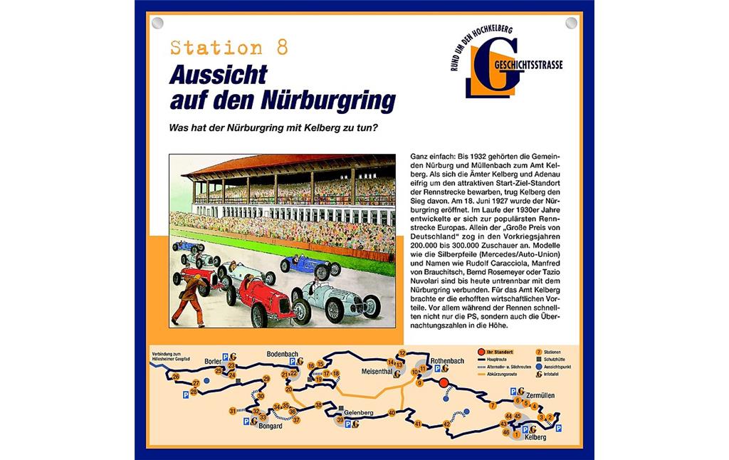 Schautafel der Geschichtsstraße Kelberg zur Aussicht auf den Nürburgring (Station 8).