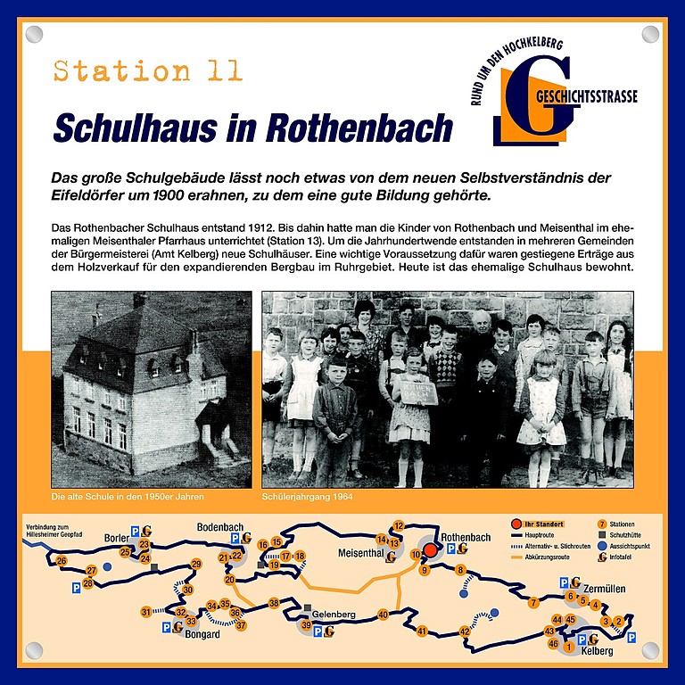 Schautafel der Geschichtsstraße Kelberg zum Schulhaus in Rothenbach (Station 11)