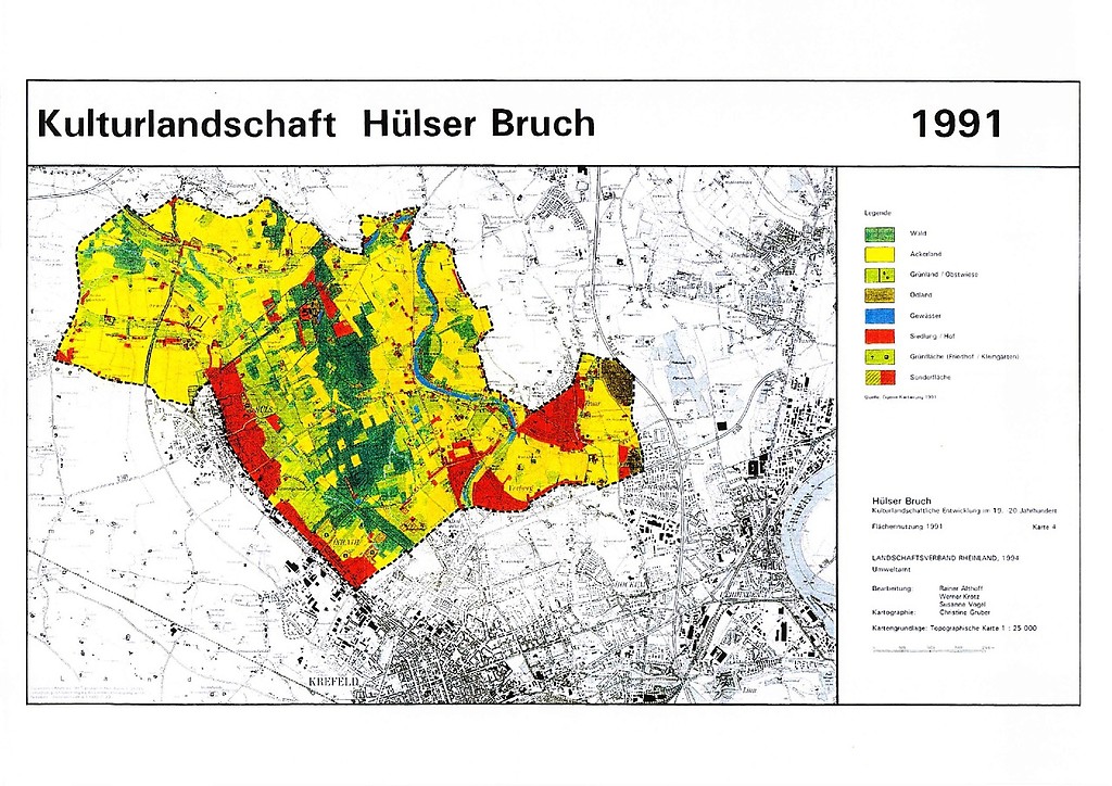 Karte mit den Landnutzungen im Bereich des Hülser Bruches bei Krefeld 1991