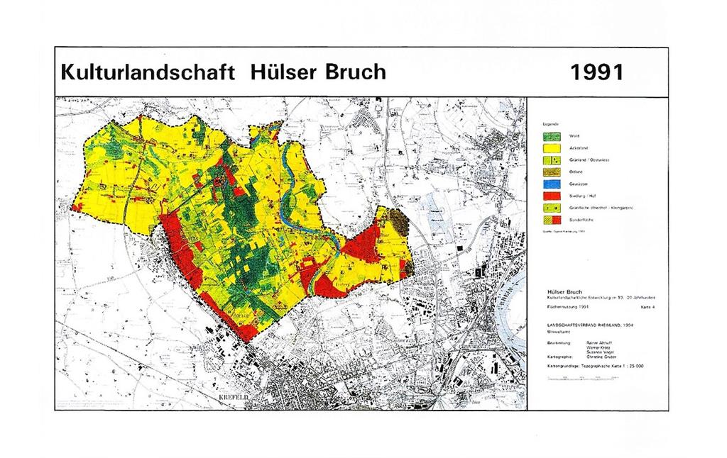 Karte mit den Landnutzungen im Bereich des Hülser Bruches bei Krefeld 1991