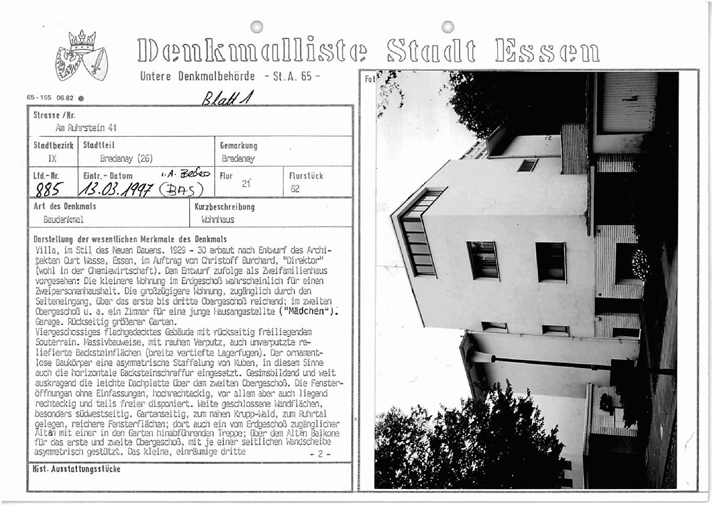 Denkmallistenblatt des Denkmals Wohnhaus Am Ruhrstein 41 (Denkmallistennummer A 885) der Stadt Essen