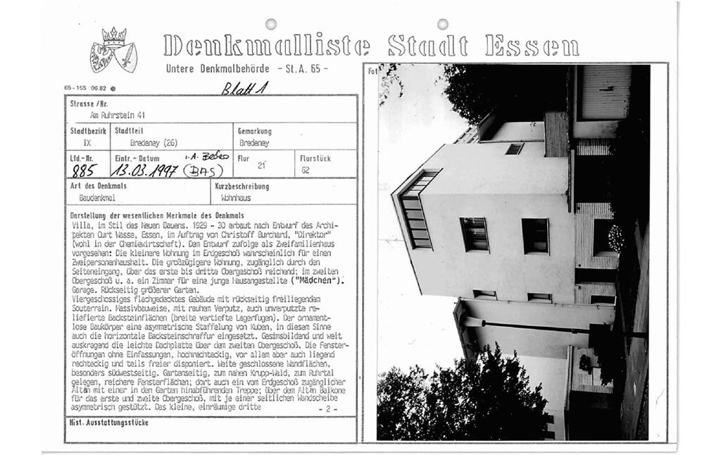 Denkmallistenblatt des Denkmals Wohnhaus Am Ruhrstein 41 (Denkmallistennummer A 885) der Stadt Essen