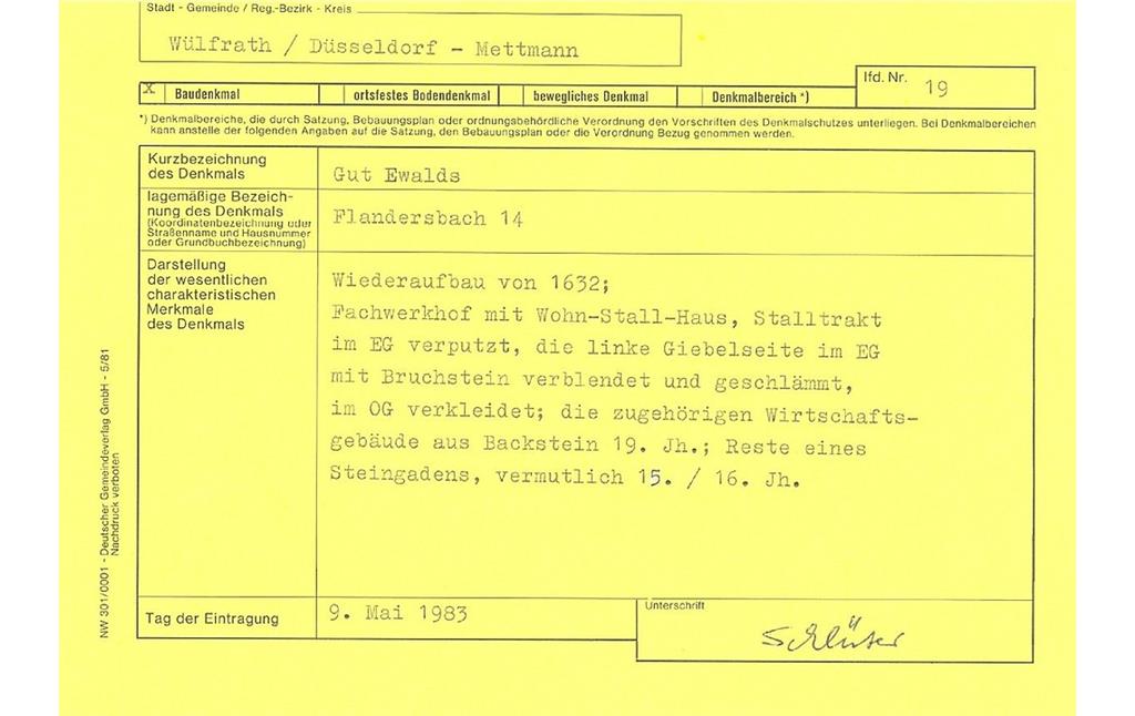 Fachwerkhof "Gut Ewalds", Flandersbach 14, Wülfrath, Denkmallistenblatt