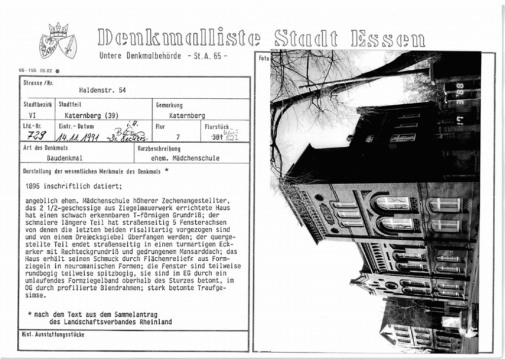 Eintragungsblatt Untere Denkmalbehörde Essen ehemalige Mädchenschule Haldenstraße