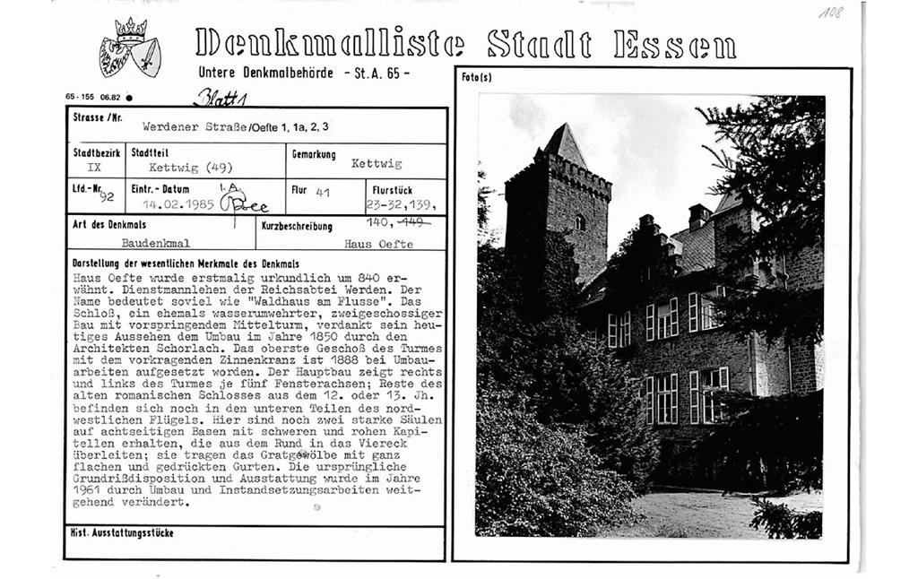 Eintragungsblatt Untere Denkmalbehörde Essen Wasserburg Schloss Oefte