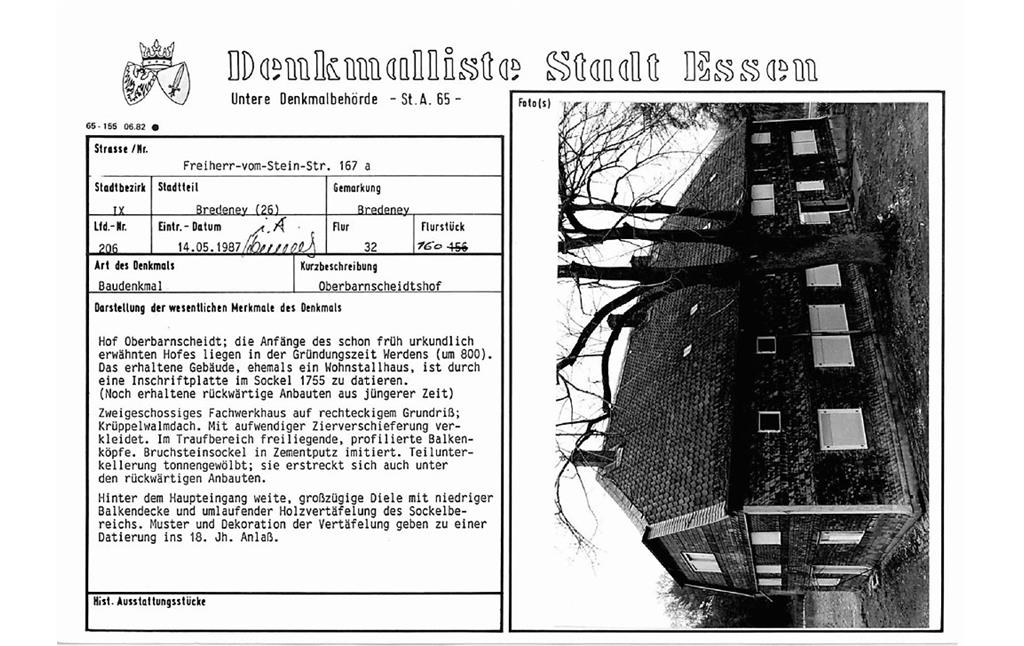 Denkmallistenblatt des Denkmals Oberbarnscheidtshof Freiherr-vom-Stein-Str. 167a (Denkmallistennummer A #) der Stadt Essen