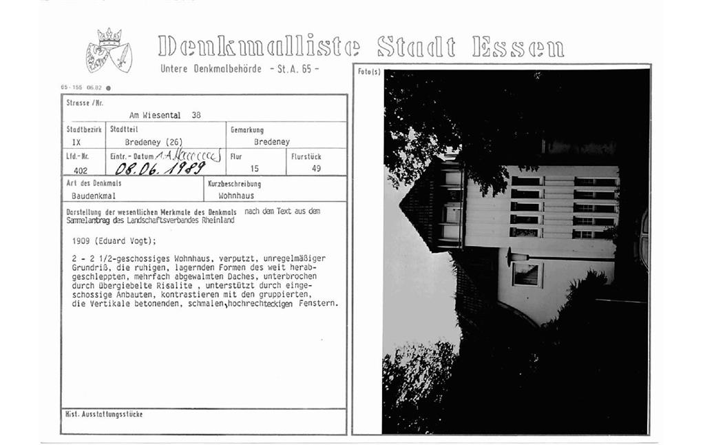 Denkmallistenblatt des Denkmals Wohnhaus Am Wiesental 38 (Denkmallistennummer A 402) der Stadt Essen