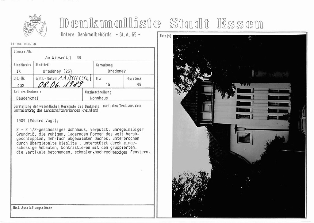 Denkmallistenblatt des Denkmals Wohnhaus Am Wiesental 38 (Denkmallistennummer A 402) der Stadt Essen