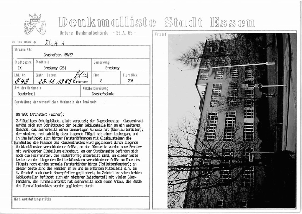 Denkmallistenblatt des Denkmals Grashofschule Grashofstr. 55/57 (Denkmallistennummer A 549) der Stadt Essen