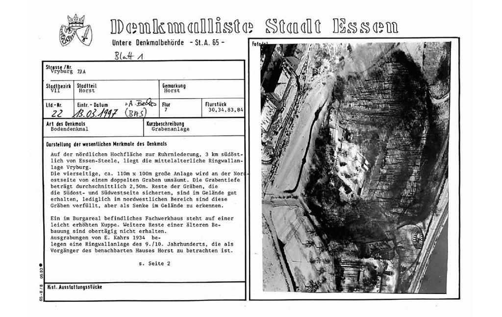 Scan der Eintragungskarte der Denkmalliste der Stadt Essen: Burgwüstung Vryburg in Horst