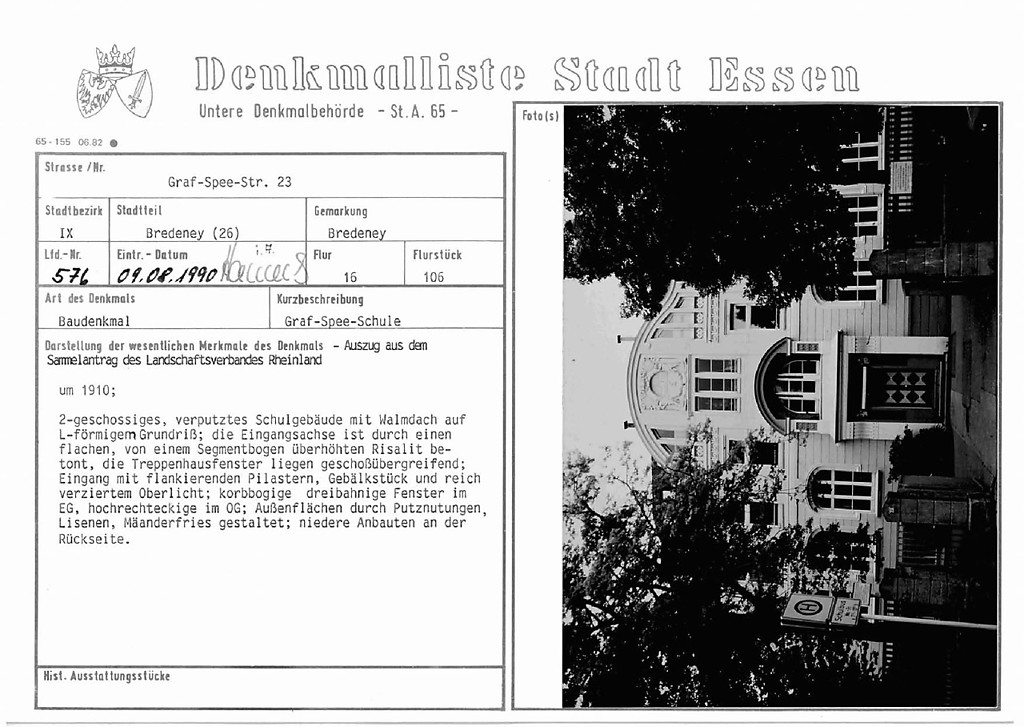 Denkmallistenblatt des Denkmals Graf-Spee-Schule Graf-Spee-Str. 23 (Denkmallistennummer A 576) der Stadt Essen