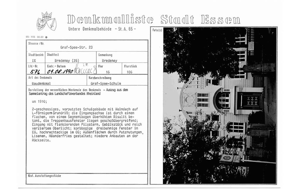 Denkmallistenblatt des Denkmals Graf-Spee-Schule Graf-Spee-Str. 23 (Denkmallistennummer A 576) der Stadt Essen