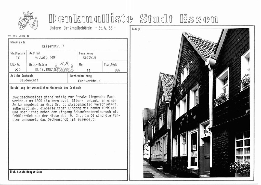 Denkmallistenblatt der Stadt Essen für das Wohnhaus in der Kaiserstraße 7 in Essen-Kettwig