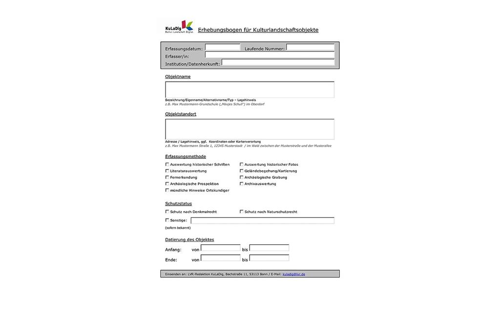 Erhebungsbogen für Kulturlandschaftsobjekte von KuLaDig (PDF-Datei, 89 kB, 2013).