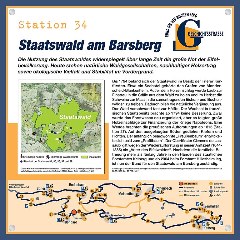 Informationstafel: Geschichtsstraße rund um den Hochkelberg, Abschnitt 2, Stationsschild 34 - Staatswald am Barsberg