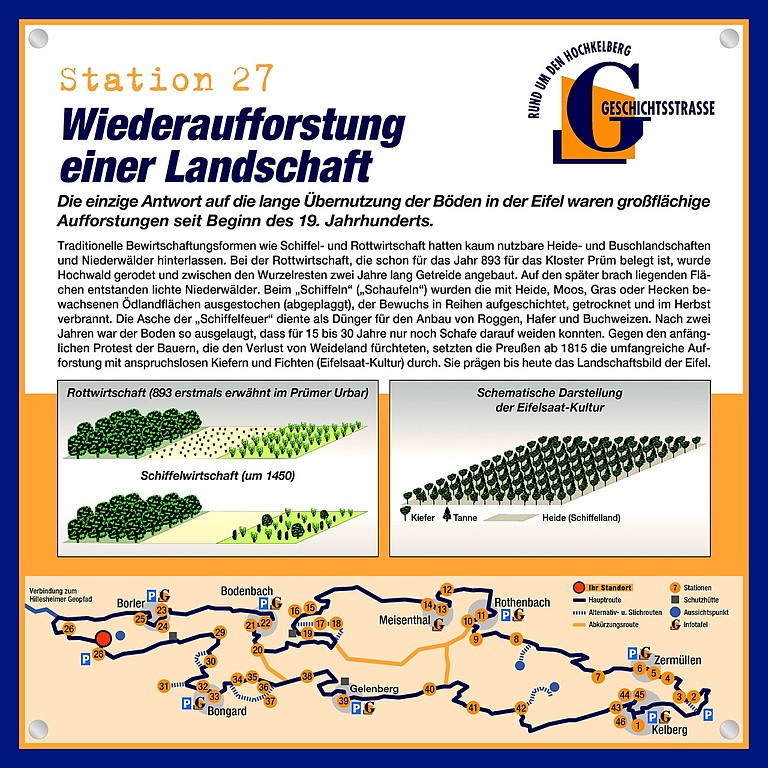Schautafel der Geschichtsstraße Kelberg zum Thema Wiederaufforstung einer Landschaft (Station 27)
