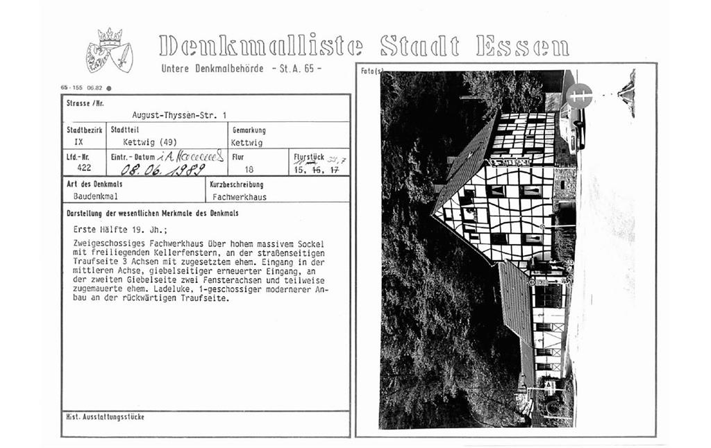 PDF-Datei der Eintragung Denkmalpflege Essen Baudenkmal Nummer 422: Gasthof "Alt Bergschen"