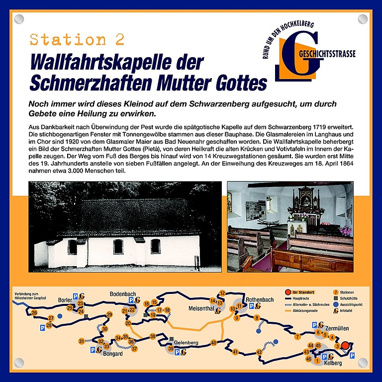 Schautafel der Geschichtsstraße Kelberg zur Wallfahrtskapelle der Schmerzhaften Mutter Gottes auf dem Schwarzenberg (Station 2)