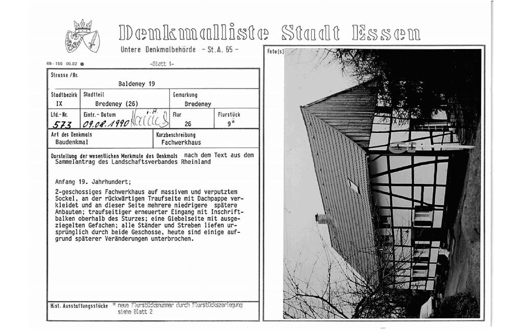 Denkmallistenblatt des Denkmals Fachwerkhaus Baldeney 19 (Denkmallistennummer A 573) der Stadt Essen