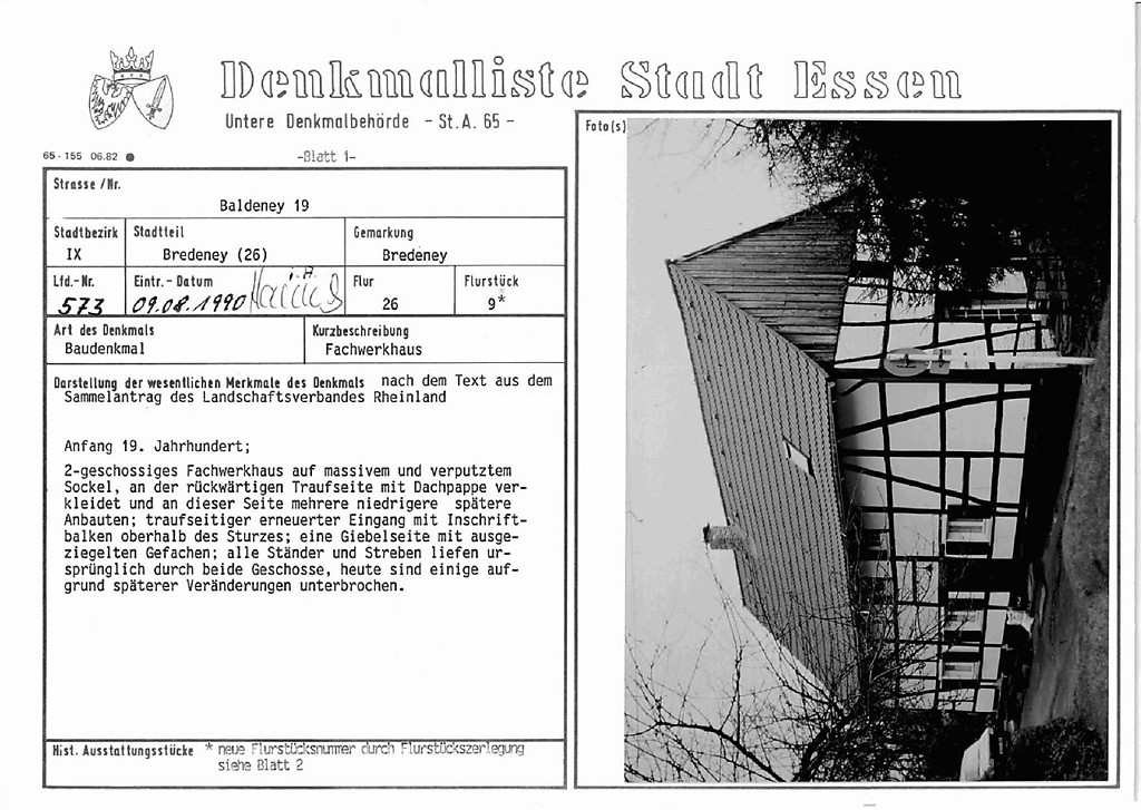Denkmallistenblatt des Denkmals Fachwerkhaus Baldeney 19 (Denkmallistennummer A 573) der Stadt Essen