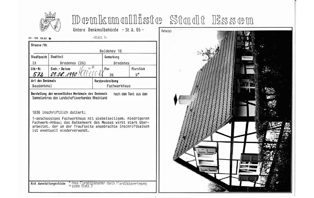 Denkmallistenblatt des Denkmals Fachwerkhaus Baldeney 18 (Denkmallistennummer A 572) der Stadt Essen