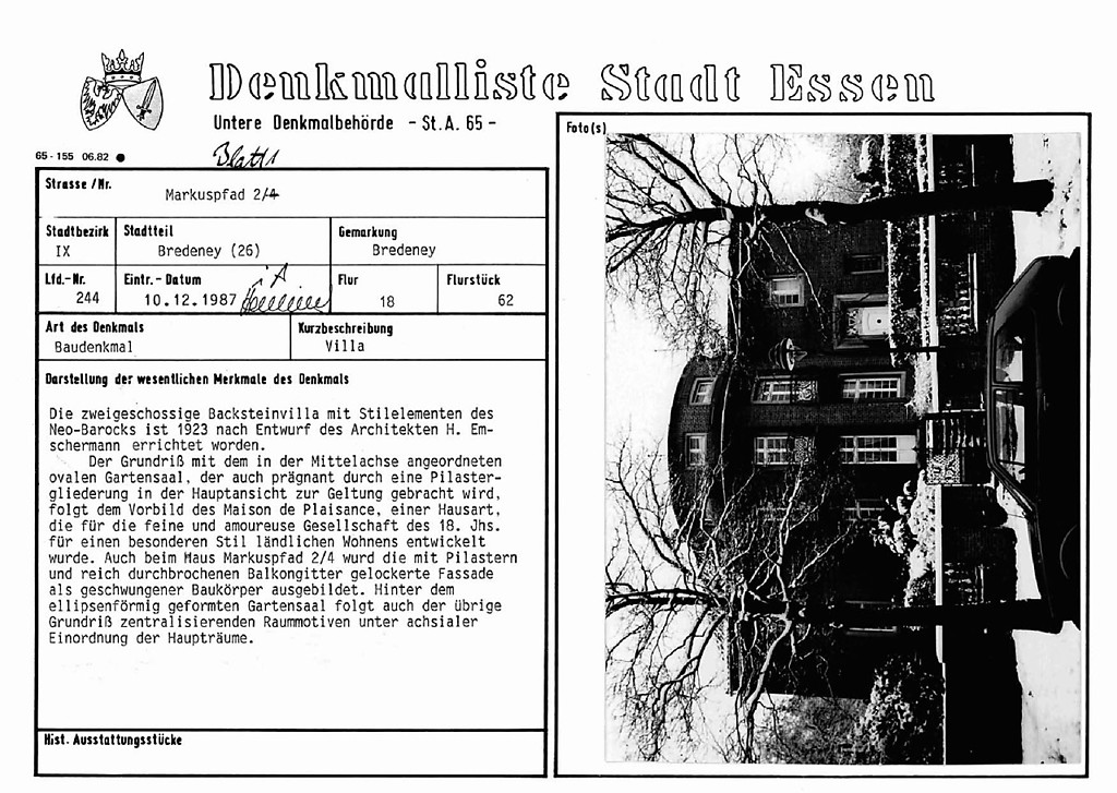 Denkmallistenblatt des Denkmals Villa Markuspfad 2 (Denkmallistennummer A 244) der Stadt Essen