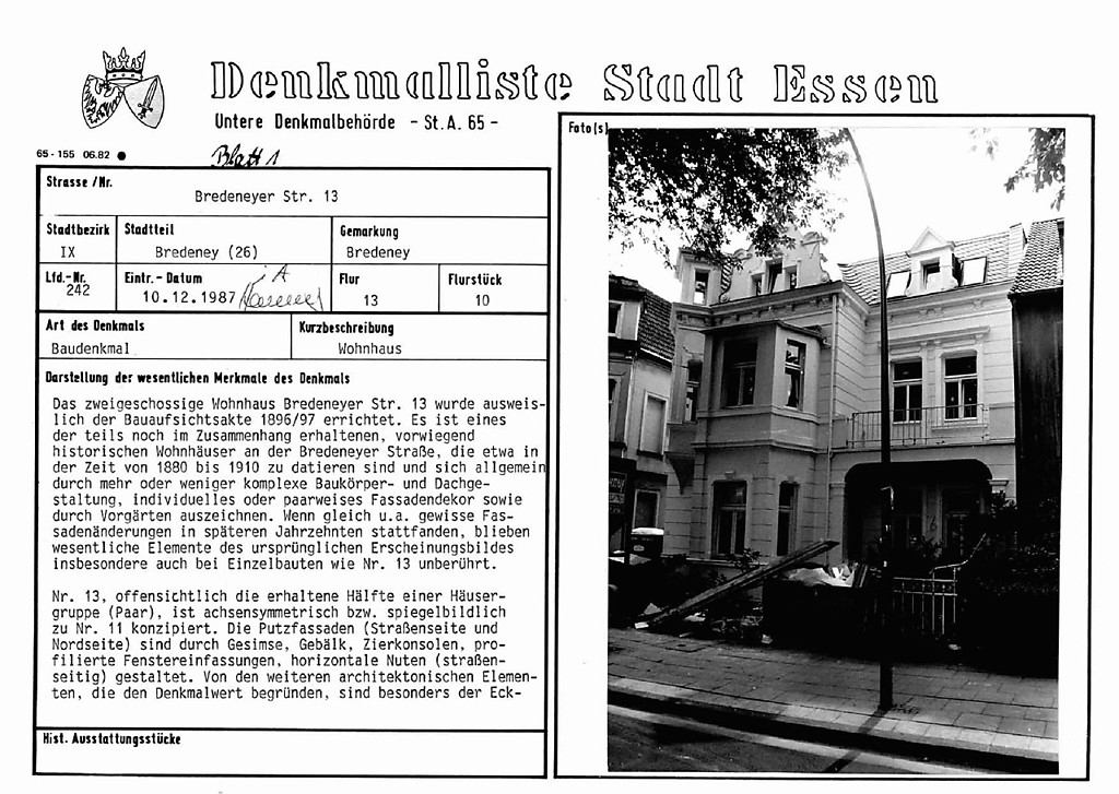Denkmallistenblatt des Denkmals Wohnhaus Bredeneyer Str. 13 (Denkmallistennummer A 242) der Stadt Essen