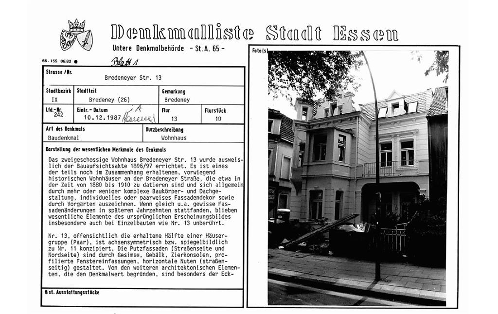 Denkmallistenblatt des Denkmals Wohnhaus Bredeneyer Str. 13 (Denkmallistennummer A 242) der Stadt Essen