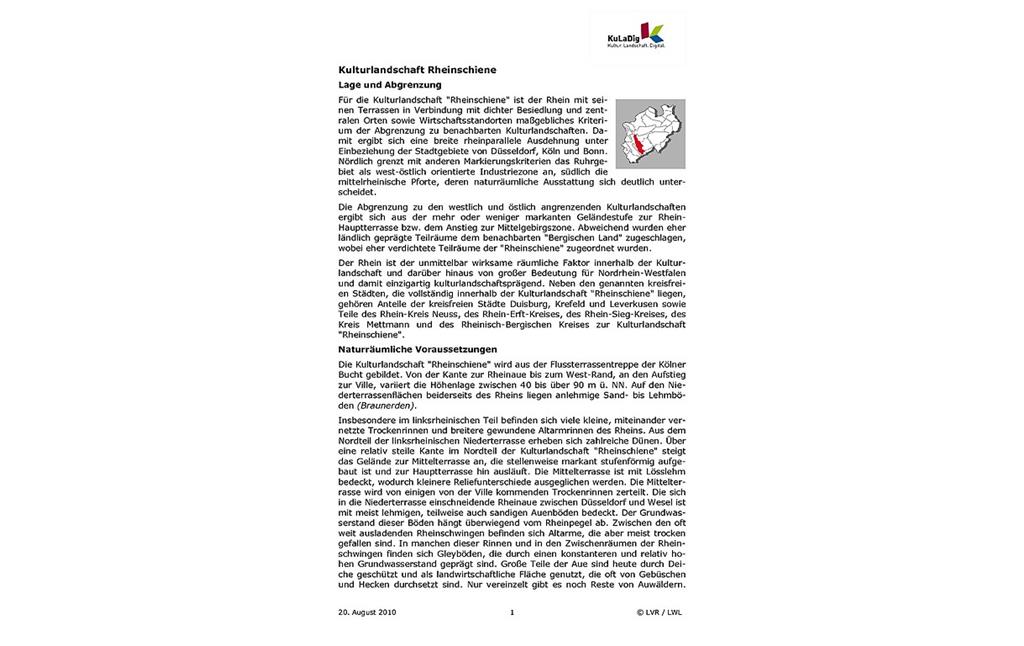Beschreibender Text zur Kulturlandschaft "Rheinschiene" in Nordrhein-Westfalen