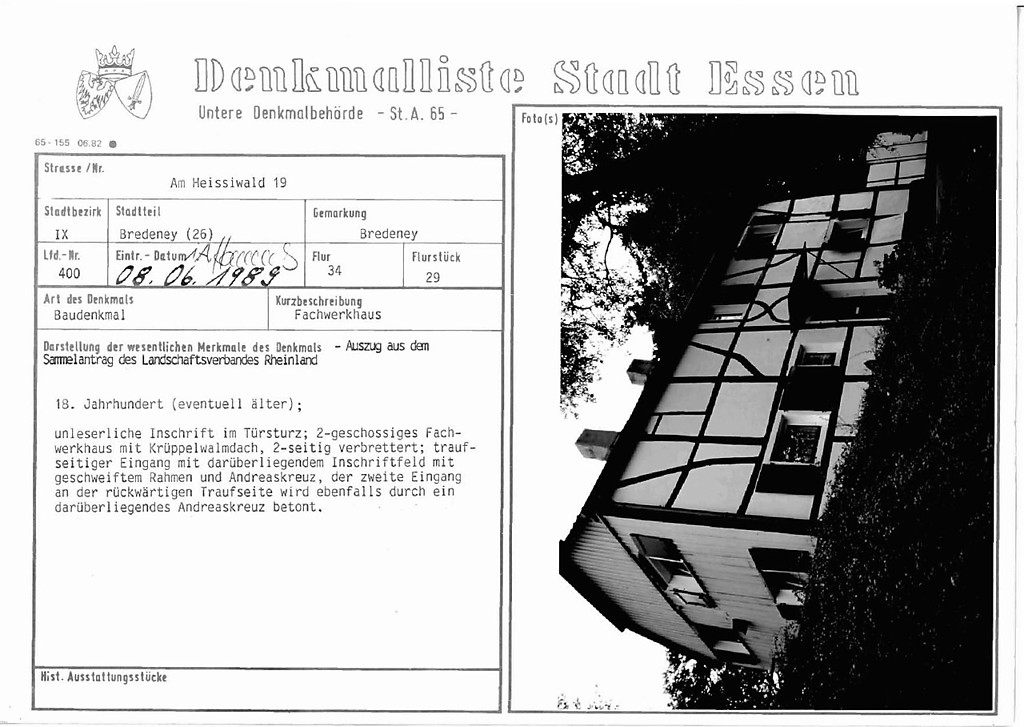Denkmallistenblatt des Denkmals Fachwerkhaus Am Heissiwald 19 (Denkmallistennummer A 400) der Stadt Essen