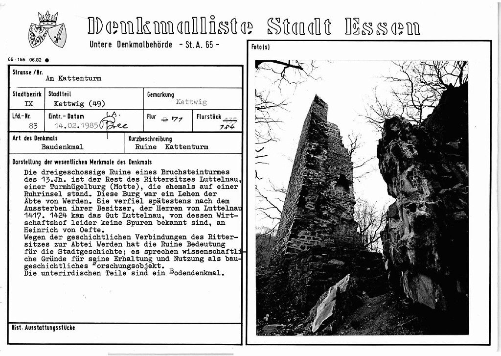 Eintragungsblatt Untere Denkmalbehörde Essen Kattenturm/Burg Luttelnau