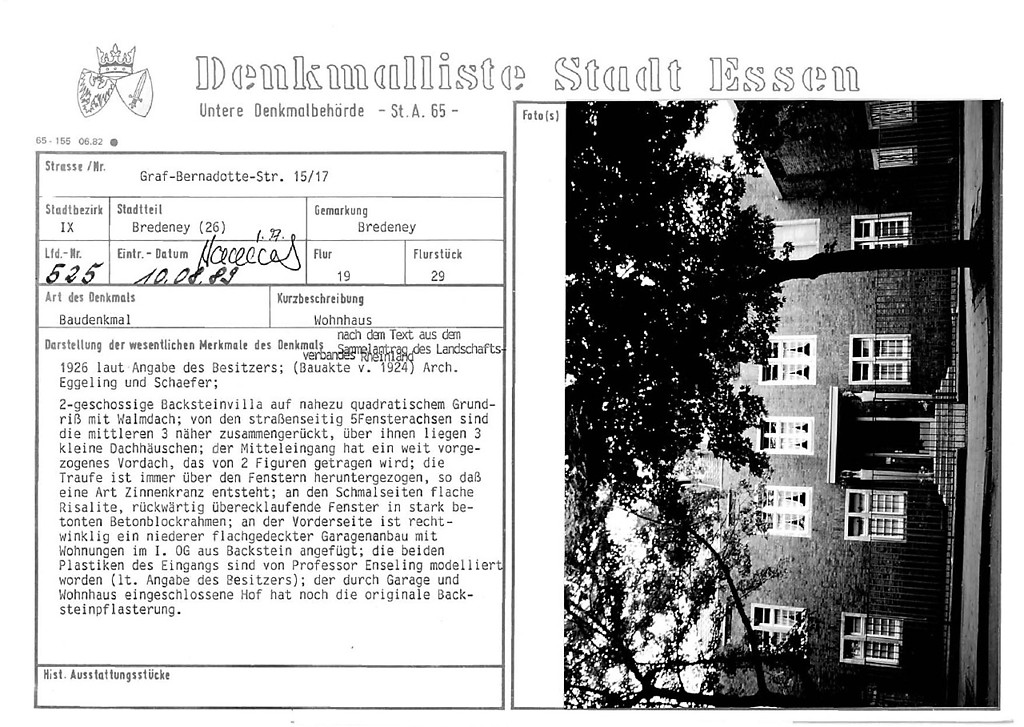 Denkmallistenblatt des Denkmals Wohnhaus Graf-Bernadotte-Straße 15/17 (Denkmallistennummer A 525) der Stadt Essen (PDF-Dokument, 443 KB, 10.08.1989).